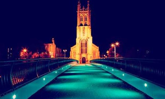 Nighttime view of the Derby Cathedral Quarter. Explore Derby Hen Party ideas below: