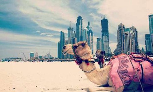 Cloudy skies over a camel lying on the sand and the stunning Dubai skyline. Explore Dubai Hen Party ideas below: