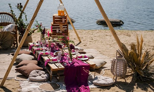 A picnic set up on the beach.