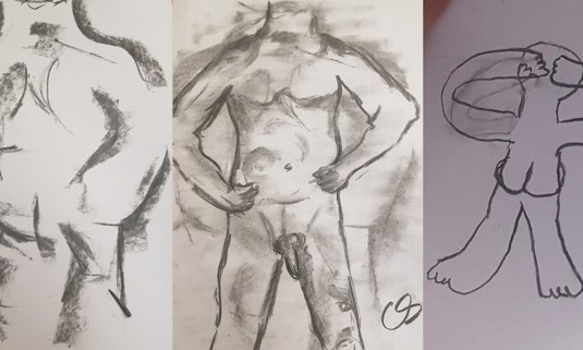 Sketches of nude life model in different poses